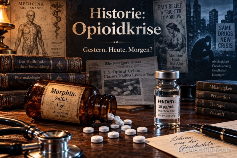 Historische Morphinflasche und moderne Fentanyl-Phiole auf einem medizinischen Schreibtisch als Symbol für die Geschichte der Opioidkrise.