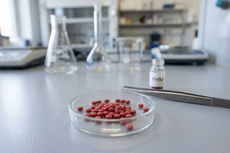PHM Pellets kaufen? Dann auf die Qualität achten! Hier zu sehen sind die roten kleinen PHM Pellets, die in einer Laborschale liegen. Im Hintergrund ist ein Labor zu sehen.
